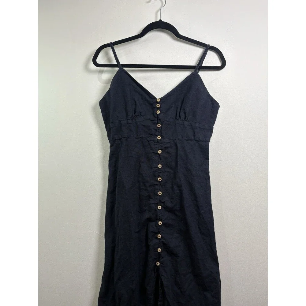 Zara Navy Linen Button Front Smocked V-Neck Sleeveless Jumpsuit L
